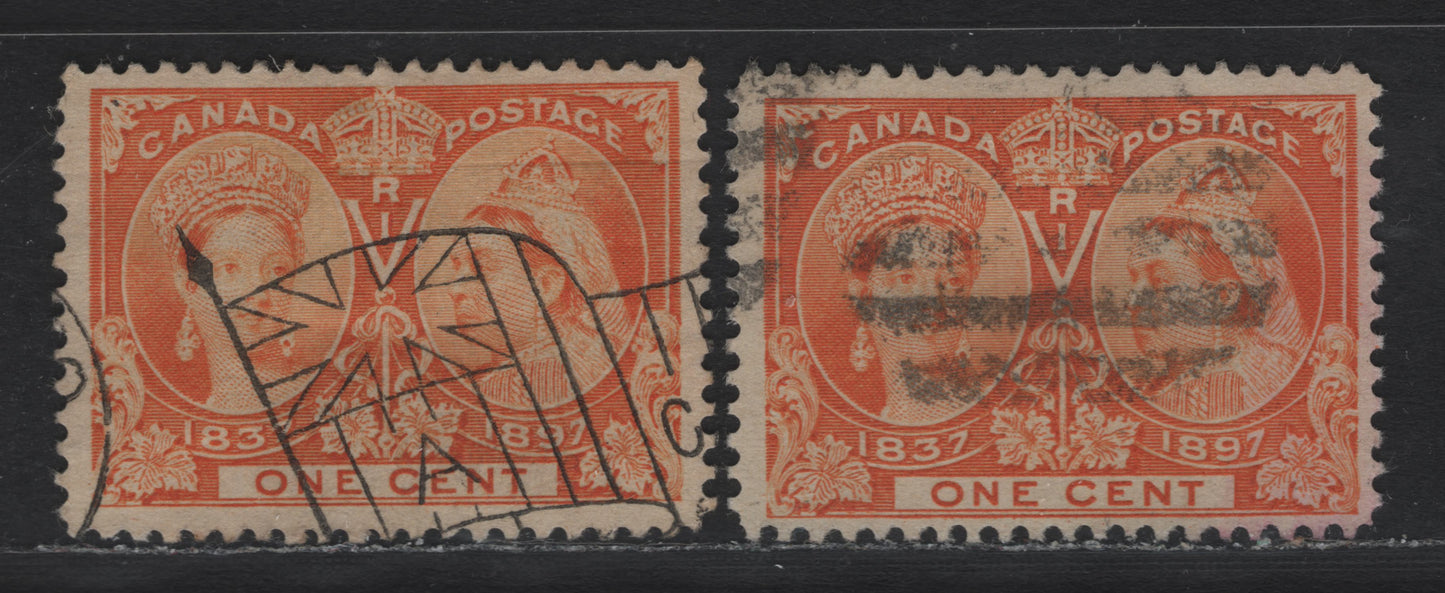Lot 39 Canada #51,i 1c Orange - Yellow Queen Victoria, 1897 Diamond Jubilee Issue, 2 Fine/Very Fine Used Singles, ABN-U Paper, Perfs 12 & 12.1x12