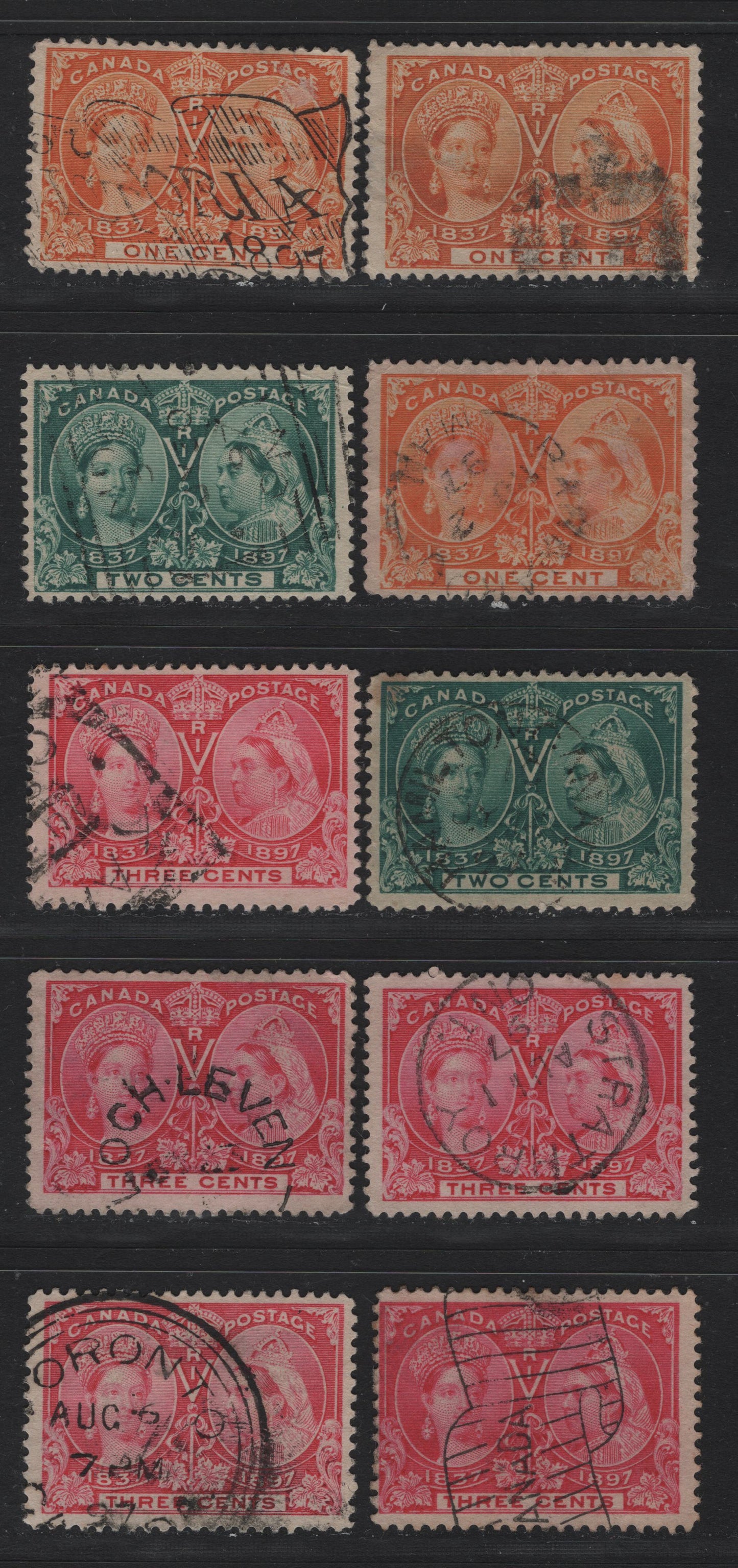 Lot 42 Canada SC#51, 52, 52i, 53 1c-3c Orange, Yellow Orange, Deep Green, Bright Rose, Rose, 1897 Diamond Jubilee Issue, 10 VG & Fine Used Singles On Various Papers, Completely Unchecked As To Specific Types & Perfs, Several With Minor Creases