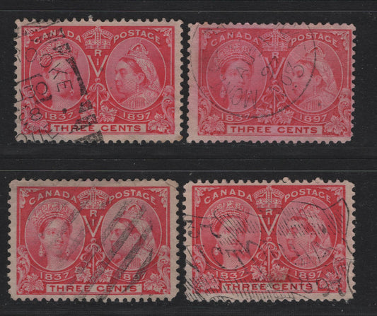 Lot 43 Canada SC#53 3c Bright Rose Queen Victoria, 1897 Diamond Jubilee Issue, 4 VG to Fine Used Singles On ABN-U Paper, Unchecked As To Perfs