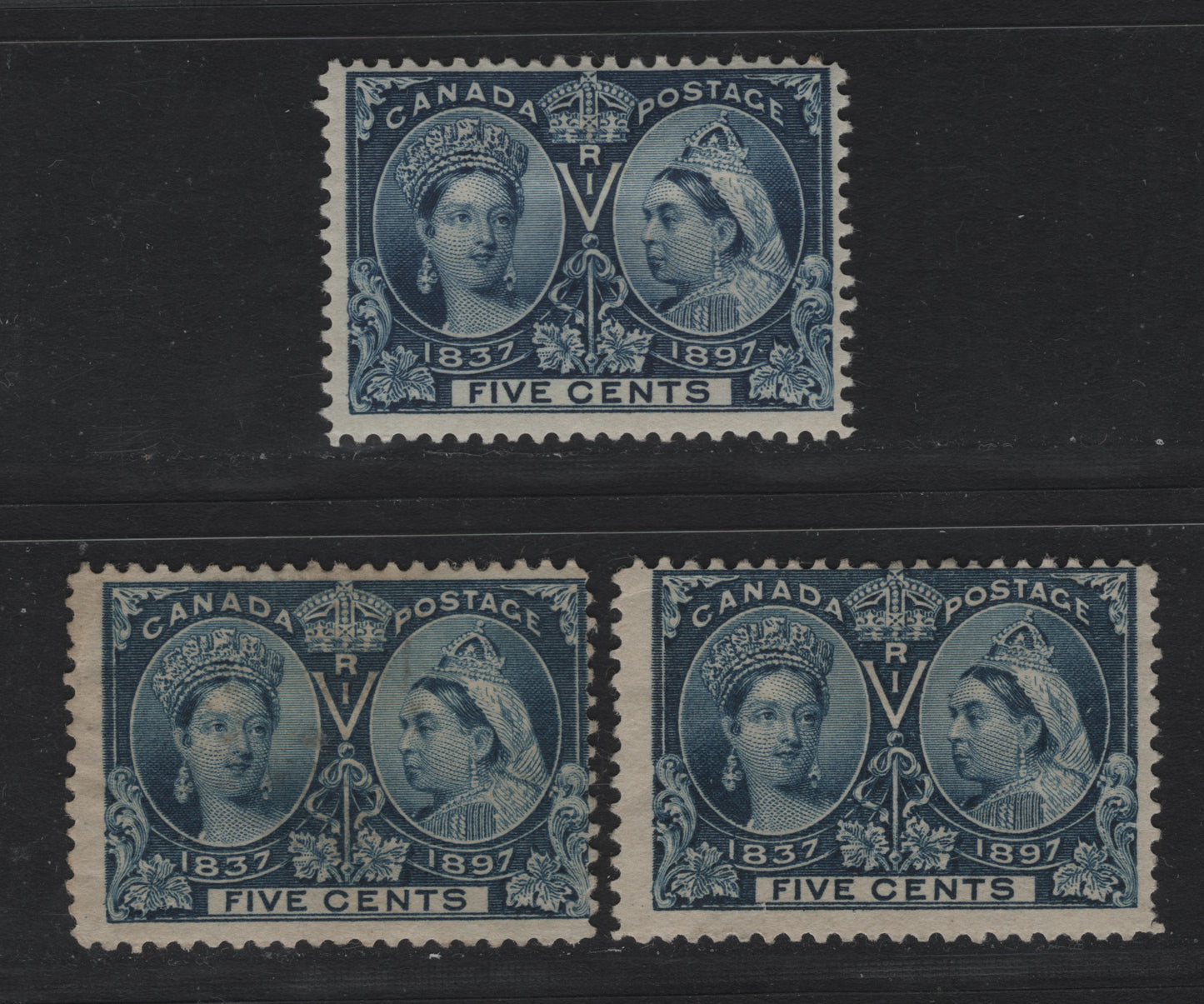 Lot 47 Canada SC#54 5c Dark Blue Queen Victoria, 1897 Diamond Jubilee Issue, 3 VGOG Singles On ABN-U and ABN-V Papers, All With Small Thins or Creases