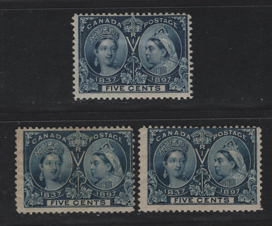 Lot 47 Canada SC#54 5c Dark Blue Queen Victoria, 1897 Diamond Jubilee Issue, 3 VGOG Singles On ABN-U and ABN-V Papers, All With Small Thins or Creases