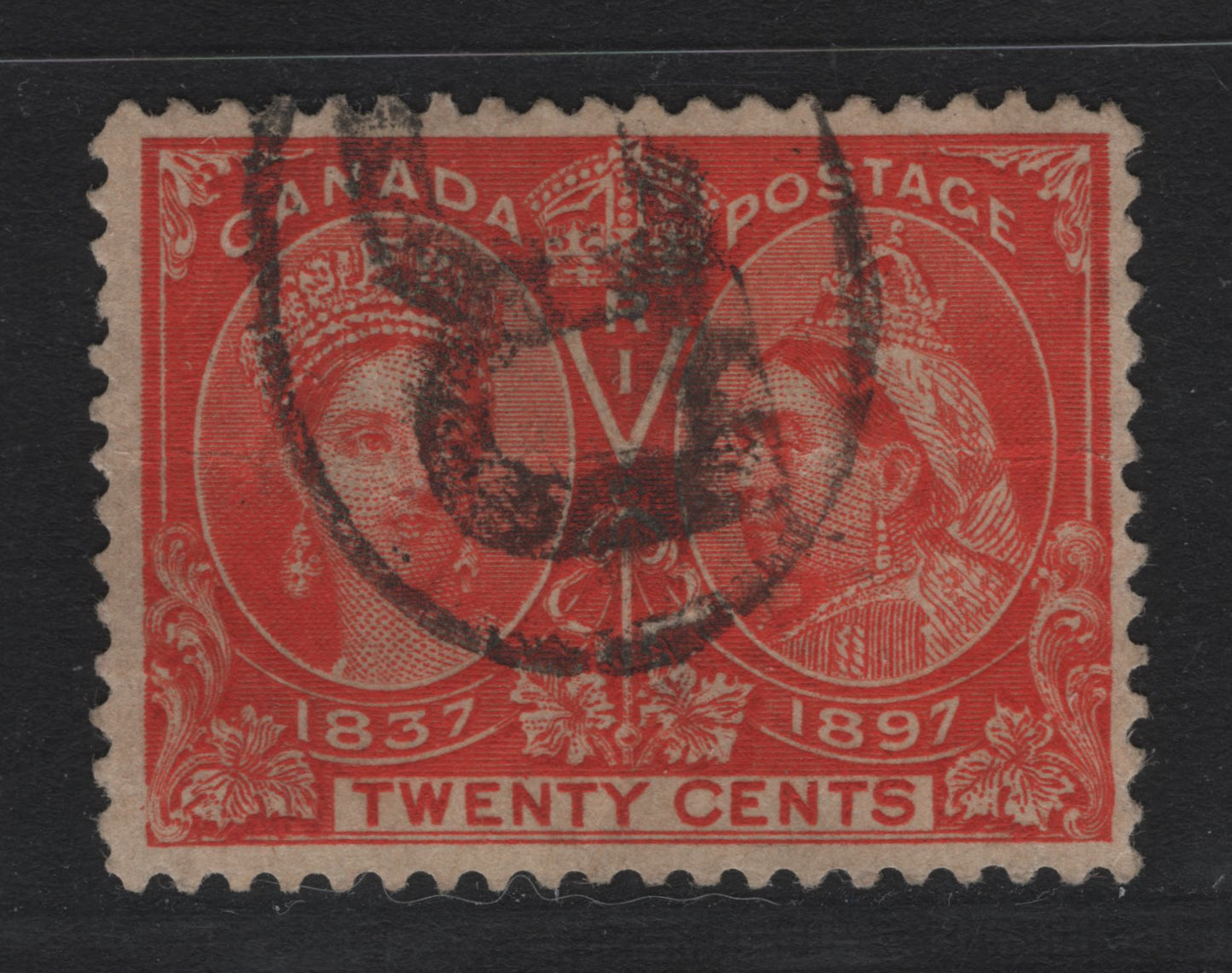 Lot 66 Canada #59i 20c Deep Vermillion Queen Victoria, 1897 Diamond Jubilee Issue, A Very Good Used Single, Bold 'R' Registered Cancel, Perf 12x11.9, Light Horizontal Crease.