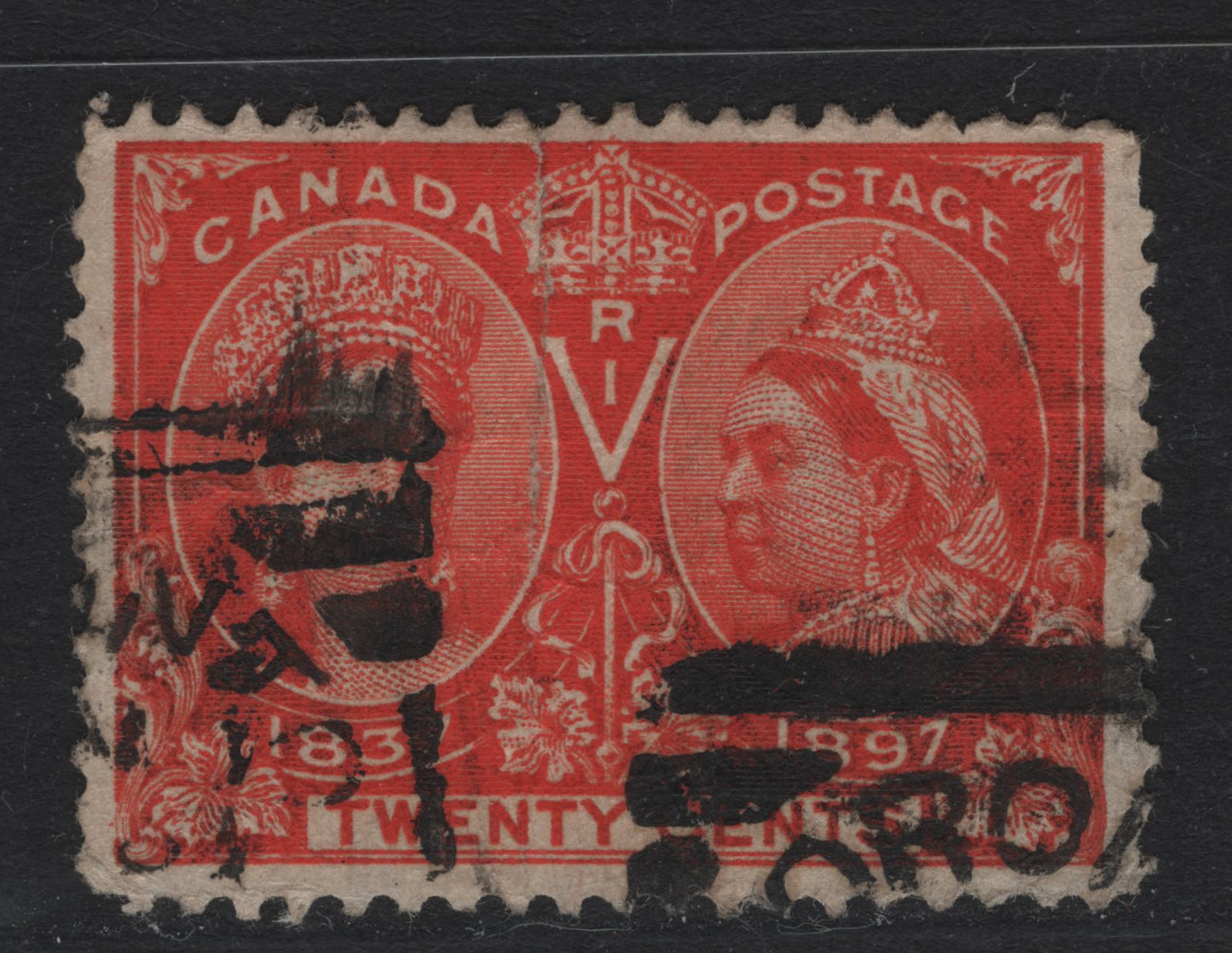 Lot 67 Canada #59i 20c Deep Vermillion Queen Victoria, 1897 Diamond Jubilee Issue, A Fair Used Single, ABN-AAAA Paper, Perf 11.9x12, Heavy Vertical Crease, Toronto Squared Circle Cancel.