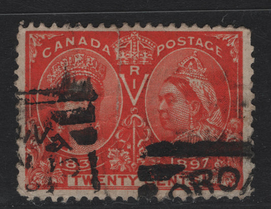 Lot 67 Canada #59i 20c Deep Vermillion Queen Victoria, 1897 Diamond Jubilee Issue, A Fair Used Single, ABN-AAAA Paper, Perf 11.9x12, Heavy Vertical Crease, Toronto Squared Circle Cancel.