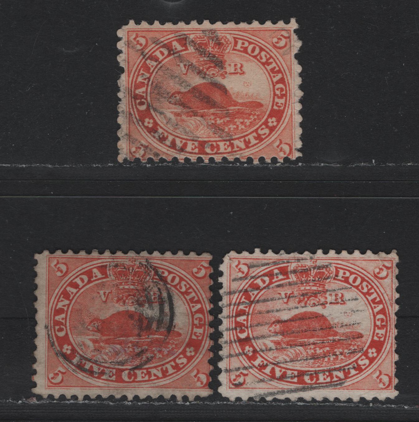 Lot 7 (C) Canada #15, 15ii 5c Vermillion & Orange Red Beaver, 1859-1864 First Cents Issue, 3 Very Good/Fine Used Singles, Medium Horizontal Wove Paper, Unchecked As To Specific Type, Perfs 12 & 11.75.