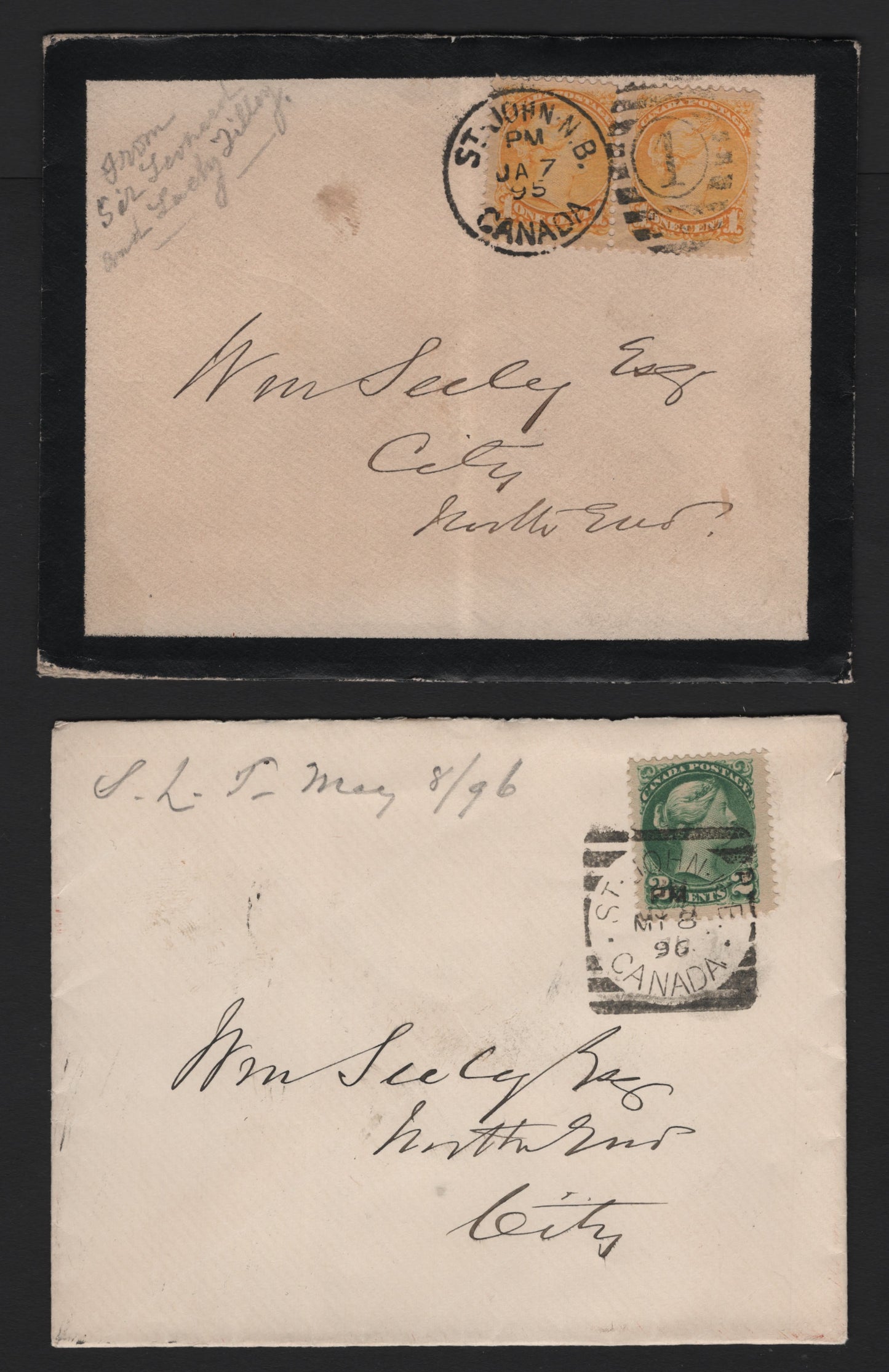 Lot 71 Canada #35, 36i 1c - 2c Yellow - Green Queen Victoria, 1870-1893 Small Queen Issue, 2 Very Fine Used Covers, Franked With Singles, Local Covers For Saint John, NB, Sent January 7th 1893 & May 8 1896.