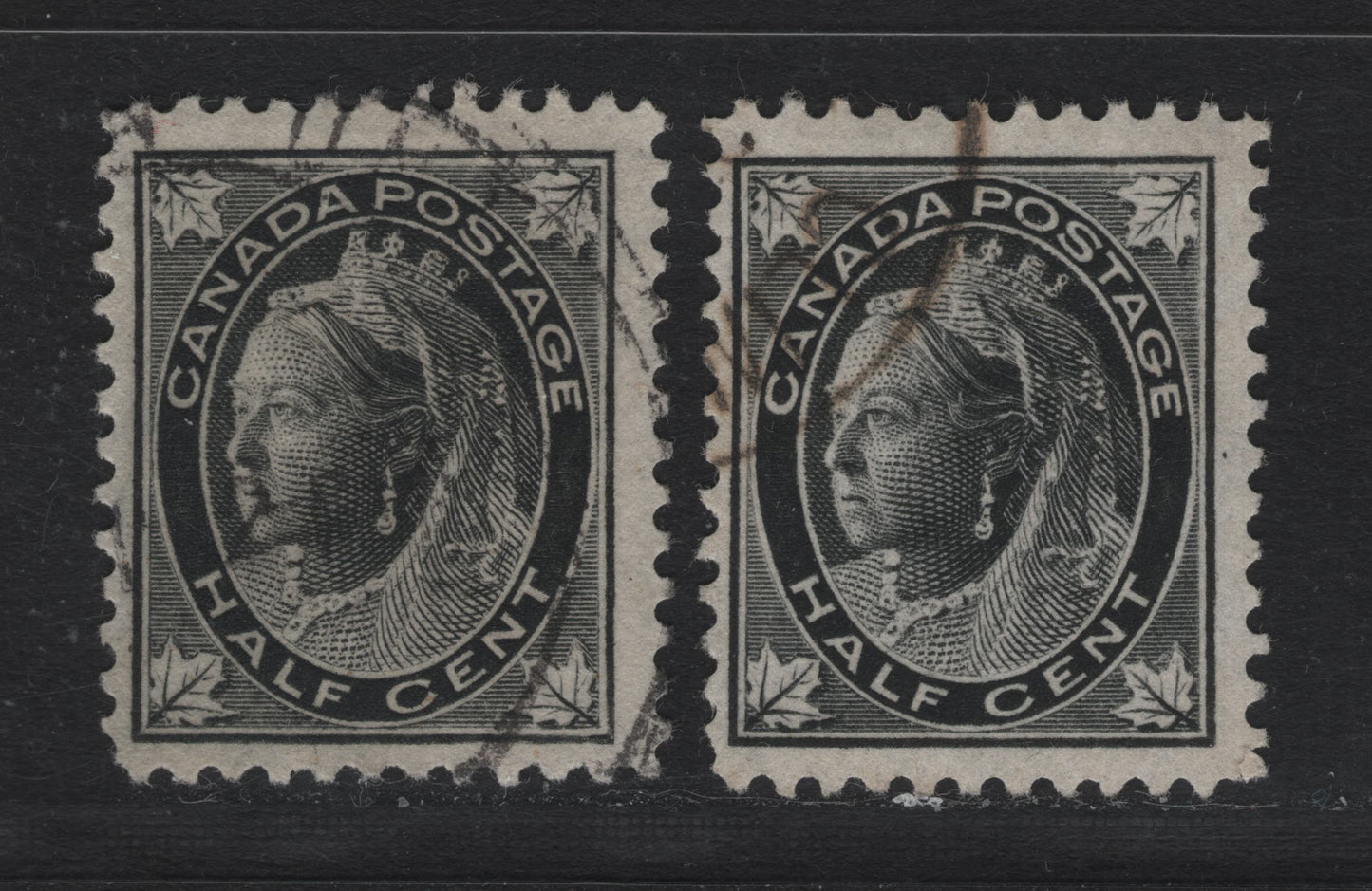 Lot 74 Canada #66 1/2c Black Queen Victoria, 1897-1898 Maple Leaf Issue, 2 Fine Used Singles, ABN-Y Paper, Perfs 12 & 12x11.9
