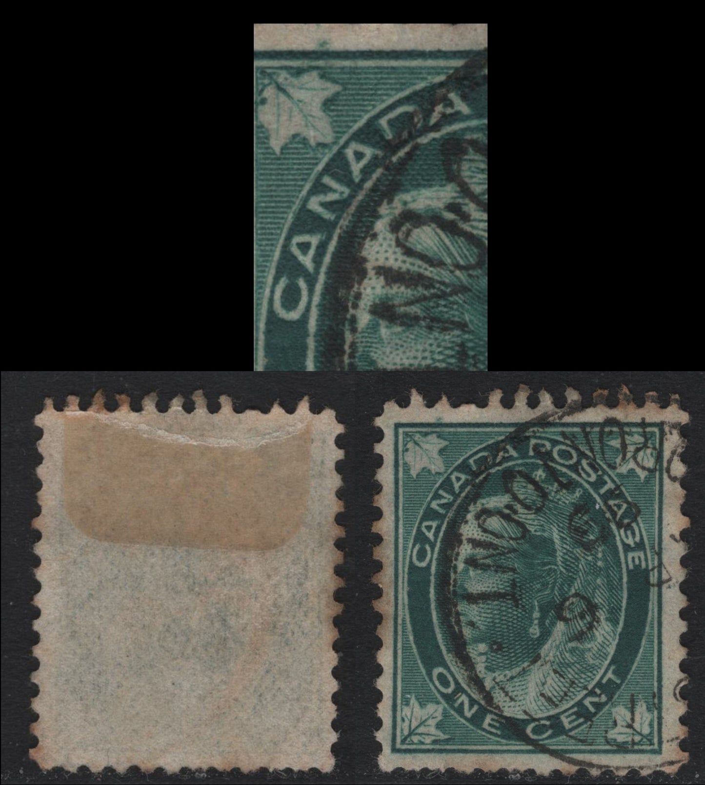 Lot 77 Canada #67 1c Blue Green Queen Victoria, 1897-1898 Maple Leaf Issue, A Very Good Used Single, ABN-Y (Vertical Wove) Paper, Perf 12x11.9, Showing Re-entry In Canada As Illustrated In Unitrade, Fine Appearance But Several Short Perfs & Toning.