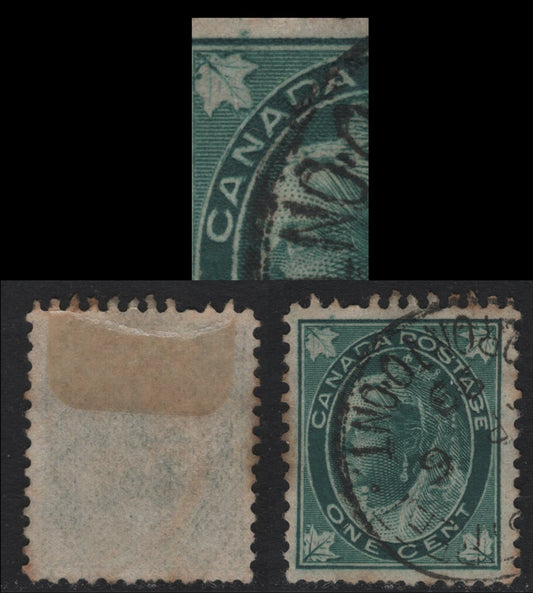 Lot 77 Canada #67 1c Blue Green Queen Victoria, 1897-1898 Maple Leaf Issue, A Very Good Used Single, ABN-Y (Vertical Wove) Paper, Perf 12x11.9, Showing Re-entry In Canada As Illustrated In Unitrade, Fine Appearance But Several Short Perfs & Toning.