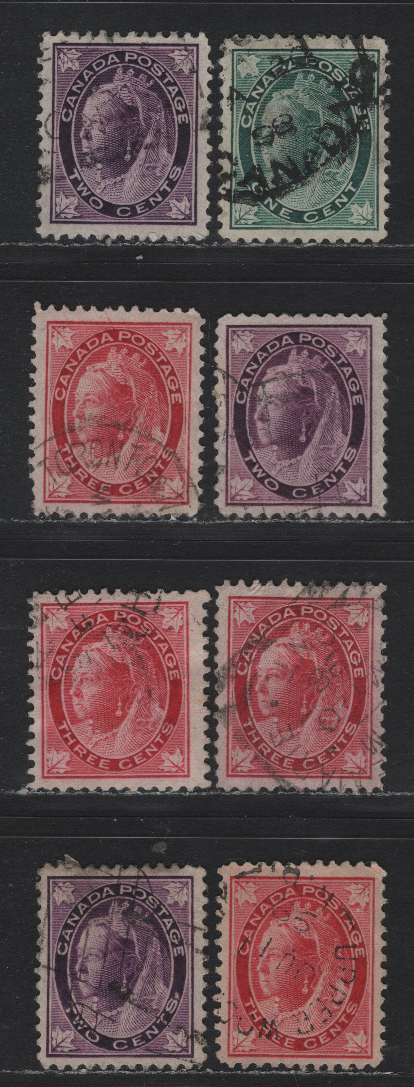 Lot 80 Canada #67-69 1c - 3c Blue Green - Carmine Rose Queen Victoria, 1897-1898 Maple Leaf Issue, 8 Very Fine Used Singles, ABN-X, ABN-Y, ABN-A & ABN-CCC Papers, Unchecked For Perfs