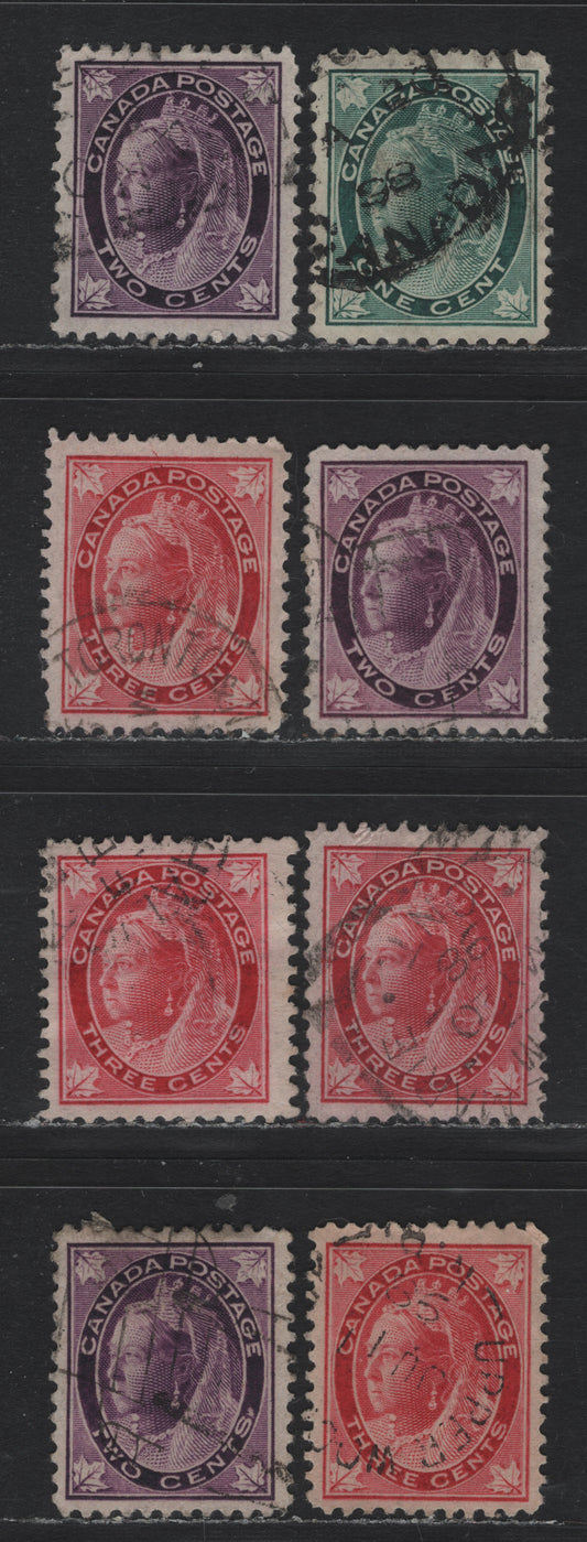 Lot 80 Canada #67-69 1c - 3c Blue Green - Carmine Rose Queen Victoria, 1897-1898 Maple Leaf Issue, 8 Very Fine Used Singles, ABN-X, ABN-Y, ABN-A & ABN-CCC Papers, Unchecked For Perfs