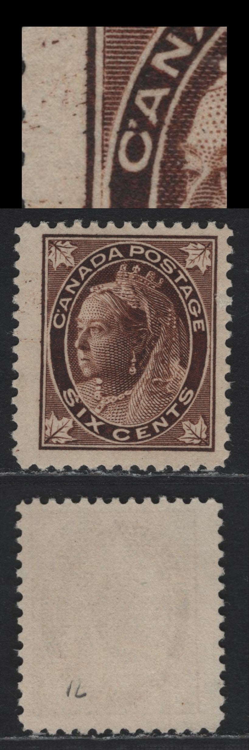 Lot 82 Canada #71var 6c Deep Brown Queen Victoria, 1897-1898 Maple Leaf Issue, A Fine Unused Single, ABN-X Paper, Perf 12x11.9, Showing White Dot Next to 'C' of Canada.