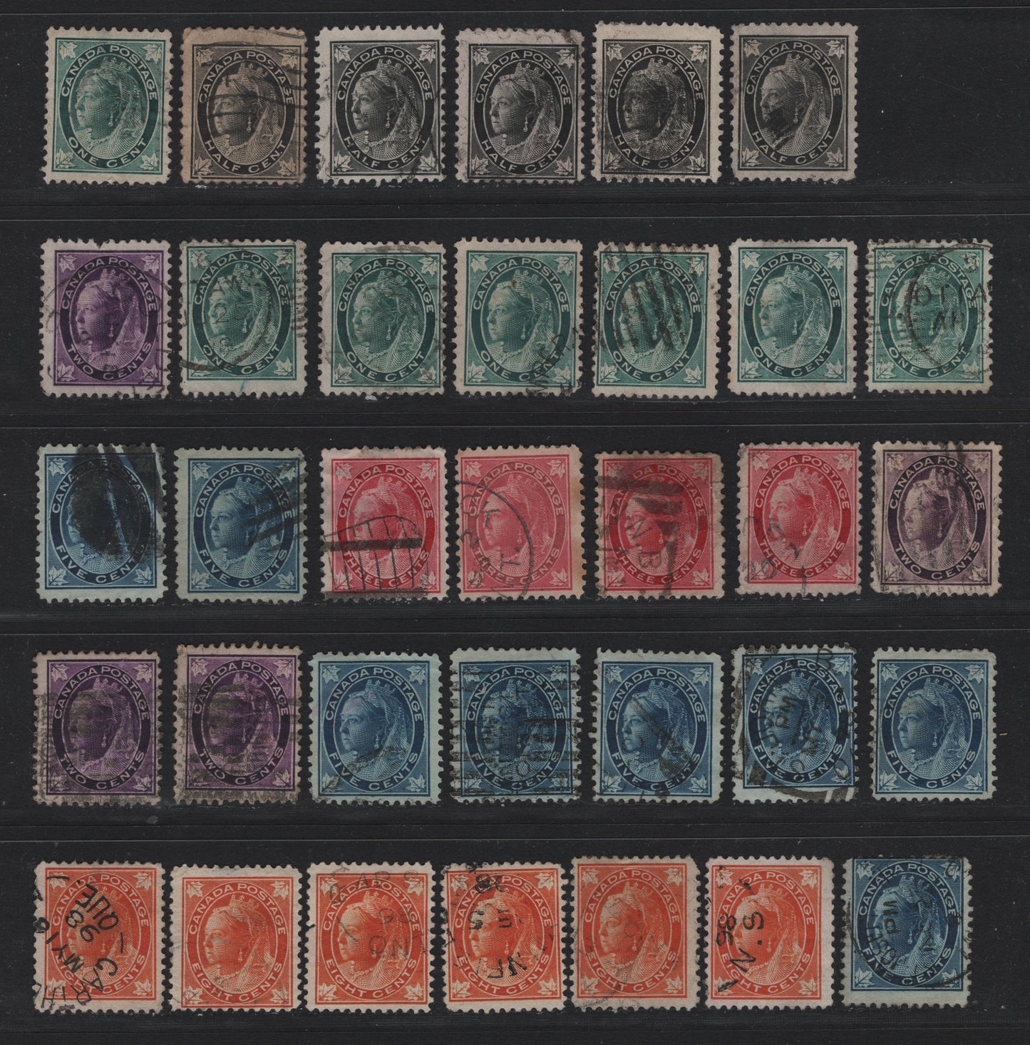 Lot 86 Canada (C) #66-70, 72 1/2c - 8c Black - Orange Queen Victoria, 1897-1898 Maple Leaf Issue, 34 Very Good Used Singles, Various Papers & Perfs That Have Not Been Checked, Some Small Faults On A Few