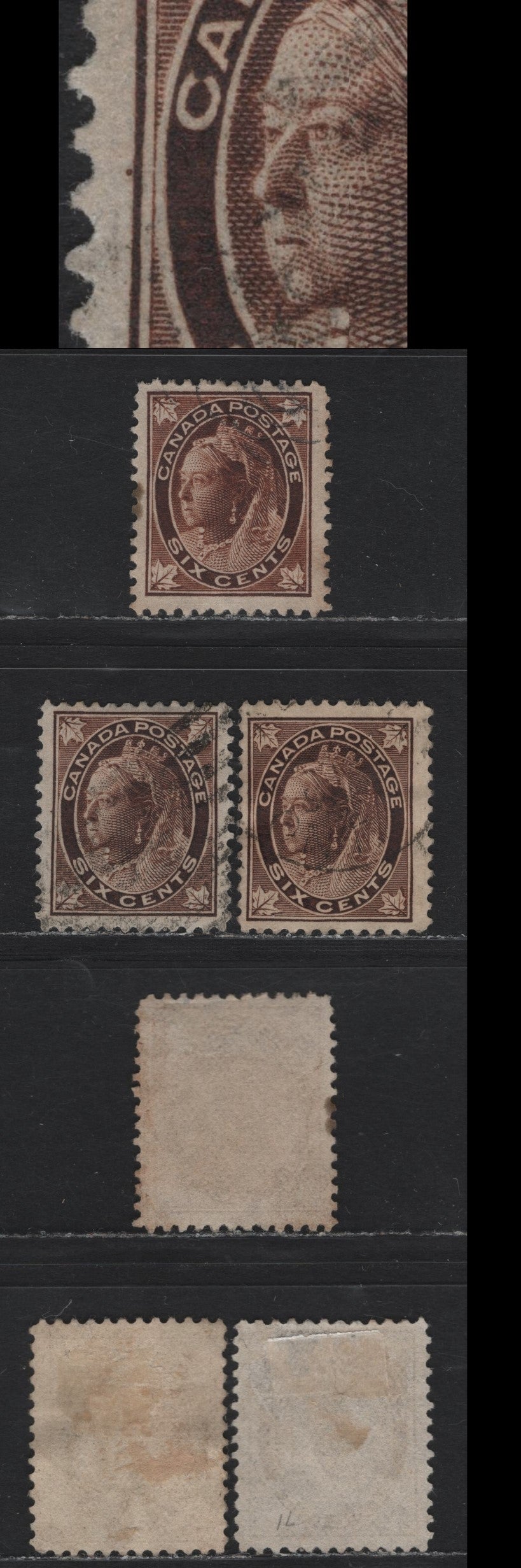 Lot 88 Canada #71 6c Dark Yellow Brown - Bright Yellowish Brown Queen Victoria, 1897-1898 Maple Leaf Issue, 3 Fine Used Singles, ABN-X, ABN-Y & ABN-TTTT Papers, Perfs 12x11.9 & 12