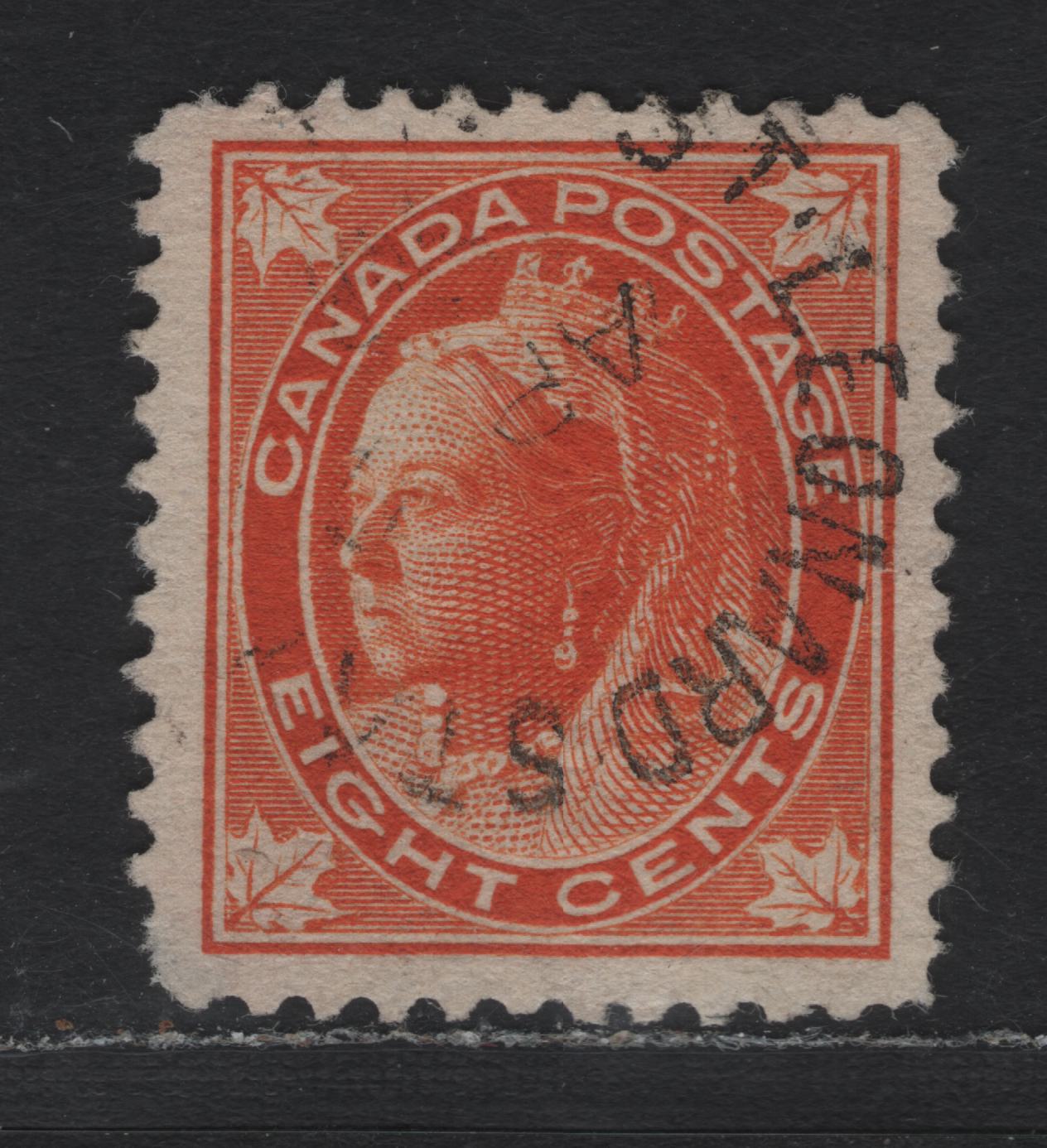 Lot 93 Canada #72ii 8c Orange Queen Victoria, 1897-1898 Maple Leaf Issue, A Very Fine Used Single, ABN-GG Paper, Perf 11.9x12, St Leonard St Split Ring.