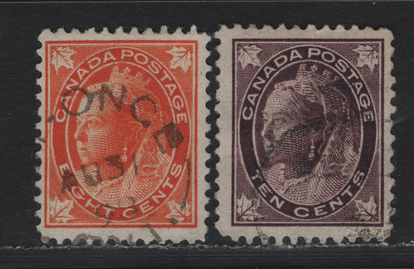 Lot 94 Canada #72, 73 8c Orange - Brown Violet Queen Victoria, 1897-1898 Maple Leaf Issue, 2 Fine Used Singles, ABN-AA & ABN-X Papers, Perf 11.9x12, The 8c Has An August 31 898 Yonge Cancel.