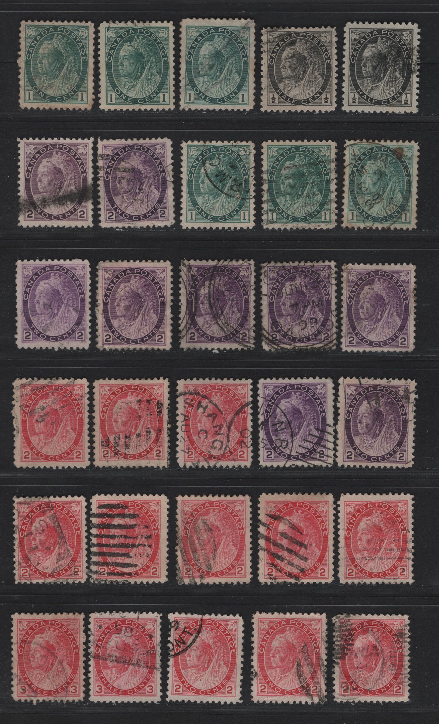 Lot 97 Canada (C) #74-77,a, 76i, 78 1/2c - 3c Black - Carmine Rose Queen Victoria, 1898-1902 Numeral Issue, 7 Very Fine Used Singles, Various Papers & Perfs, Unchecked As to Specific Measurements & Types, Includes one 2c Die 2.