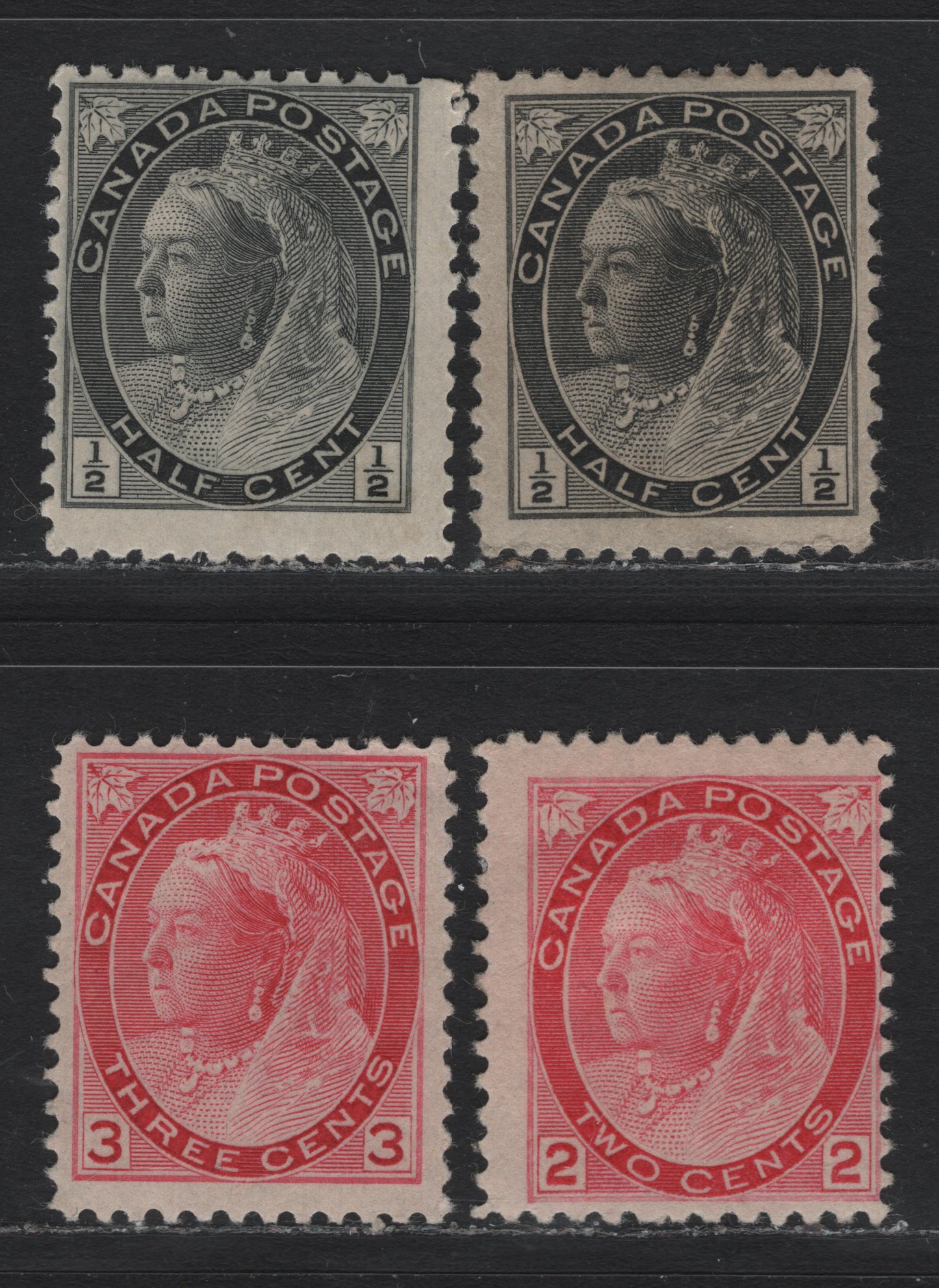 Lot 99 Canada #74,I, 77-78 1/2c - 3c Black - Carmine Queen Victoria, 1898-1902 Numeral Issue, 4 FOG Singles, Papers ABN-X & ABN-QQ, Perfs 12x11.9, 11.9x12 & 12