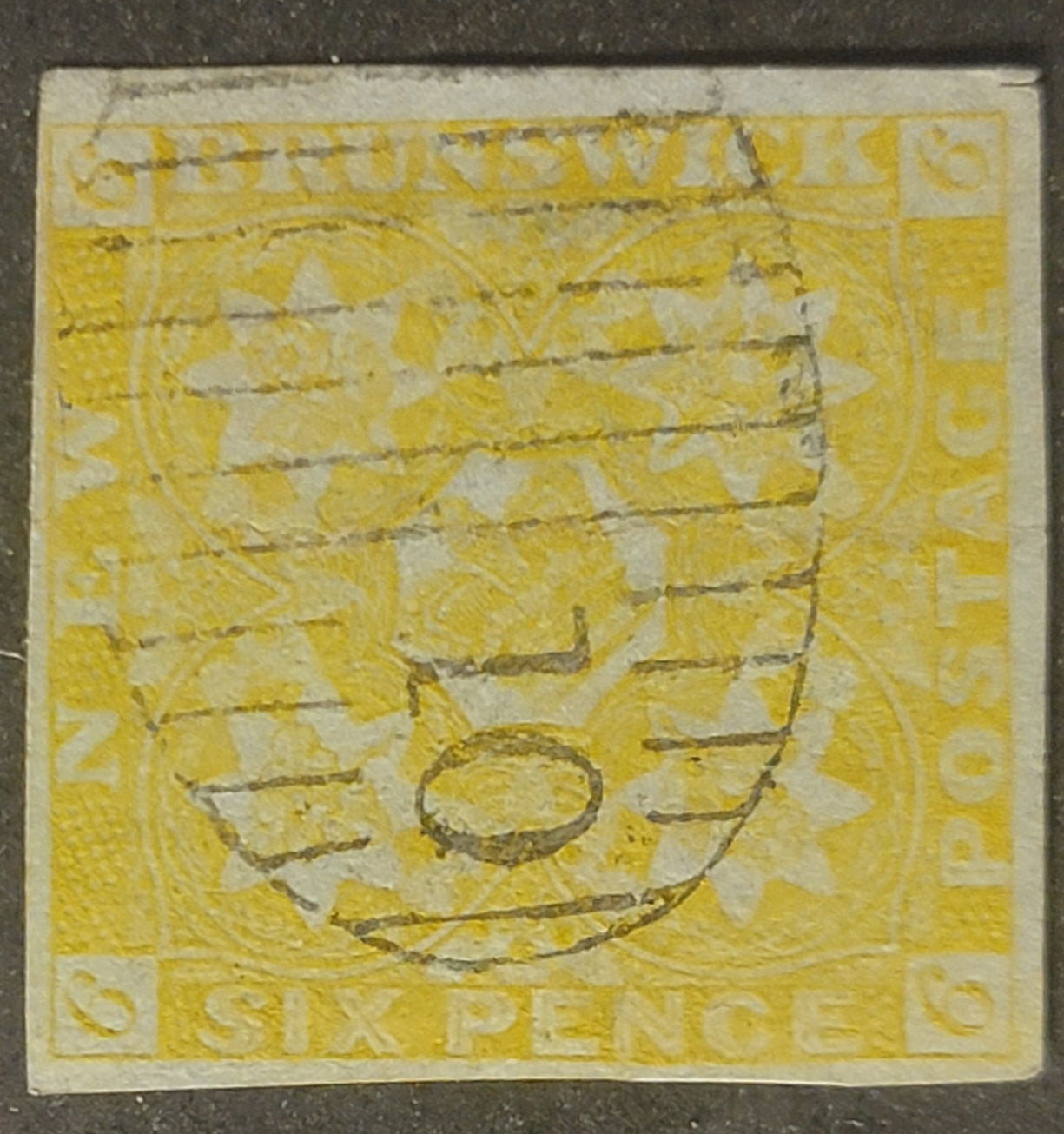 Lot 398 New Brunswick (C) #2 6d Olive Yellow, A VF Appearing 4-Margin Used Example, With A Clear Strike Of #10 Grid Cancel For Dalhousie (Rated Rare), Shallow Thin