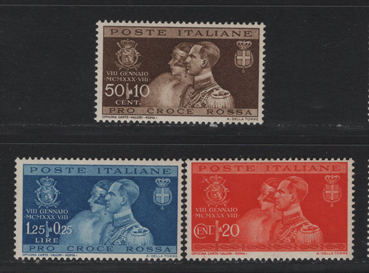 Lot 106 Italy SC#239-241 20c - 1.25l+25c Orange Red- Deep Blue, 1930 Marriage of Prince Humbert of Savoy Issue, 3 F/VFNH Singles