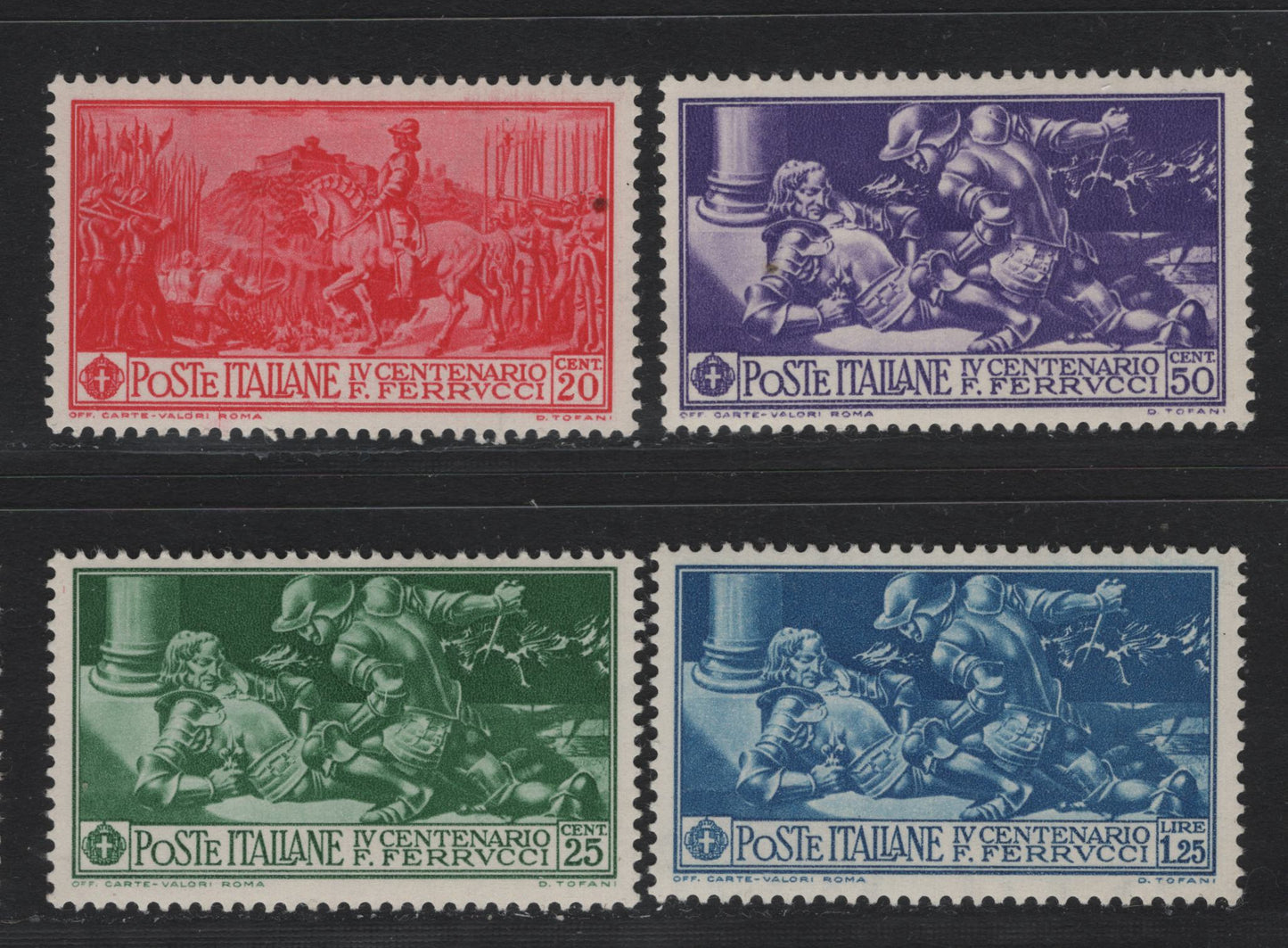 Lot 107 Italy SC#242-245 20c - 1.25l+25c Rose Red - Deep Blue, 1930 4th Cent of Death Of Francesco Ferucci Issue, 4 VFNH Singles, Inclusuion on 20c