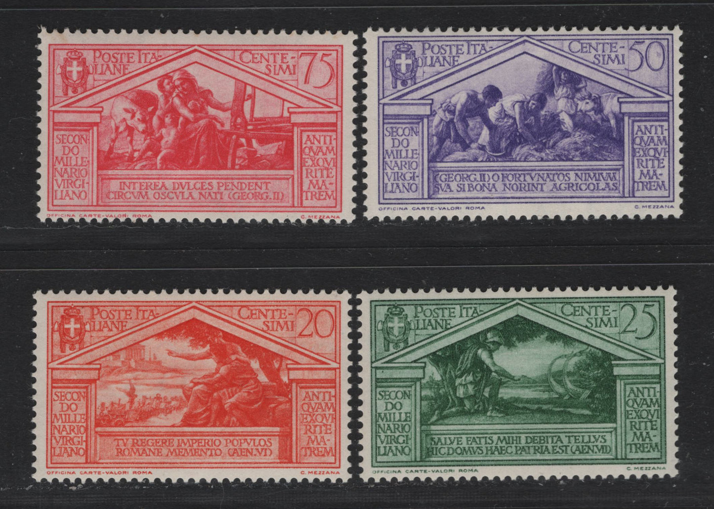 Lot 111 Italy SC#249-250, 252-253 20c - 75c Orange - Rose Red, 1930 Bimillenary of Virgil Issue, 4 F/VFNH Singles
