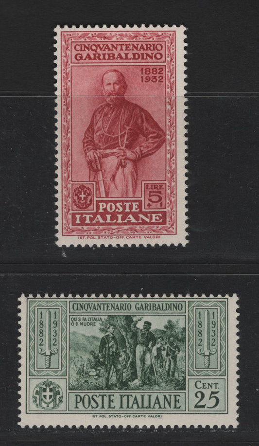 Lot 129 Italy SC#282, 289 25c - 5l+1l Dull Green - Copper Red, 1932 Garibaldi Issue, 2 FNH Singles