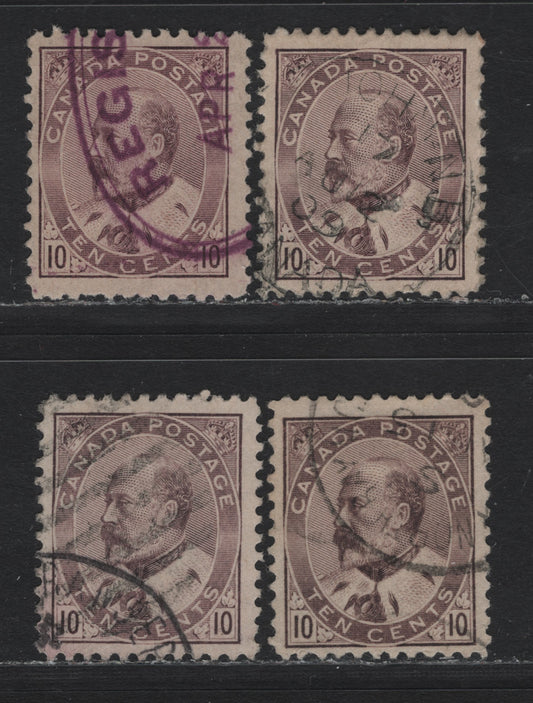Lot 14 Canada #93,i 10c Lilac Brown - Pale Brown Lilac, 1903-1908 King Edward VII Issue, 4 Very Good/Fine/Very Fine Used Singles, ABN-B Paper, Perfs 12, 12x11.9 & 11.9