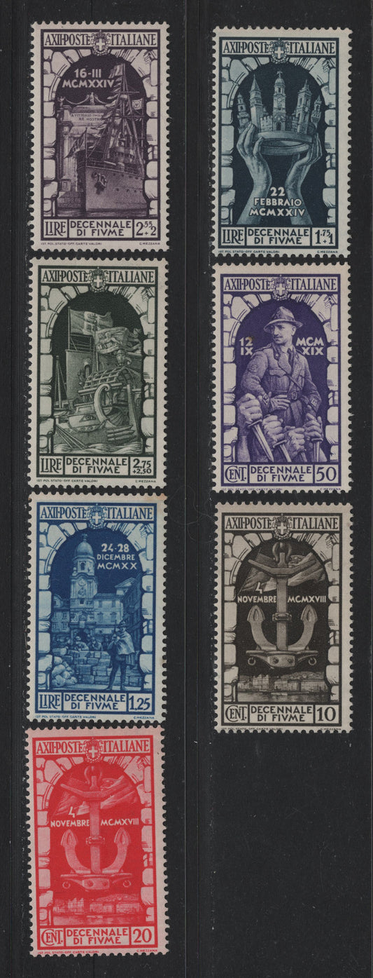 Lot 144 Italy SC#315-321 10c - 2.75l+2.5l Dark Brown - Olive Green, 1934 10th Anniv of Annexation of Fiume Issue, 7 F/VFNH Singles, All With Sideways Wmk, Except The 20c (Sideways Inverted)