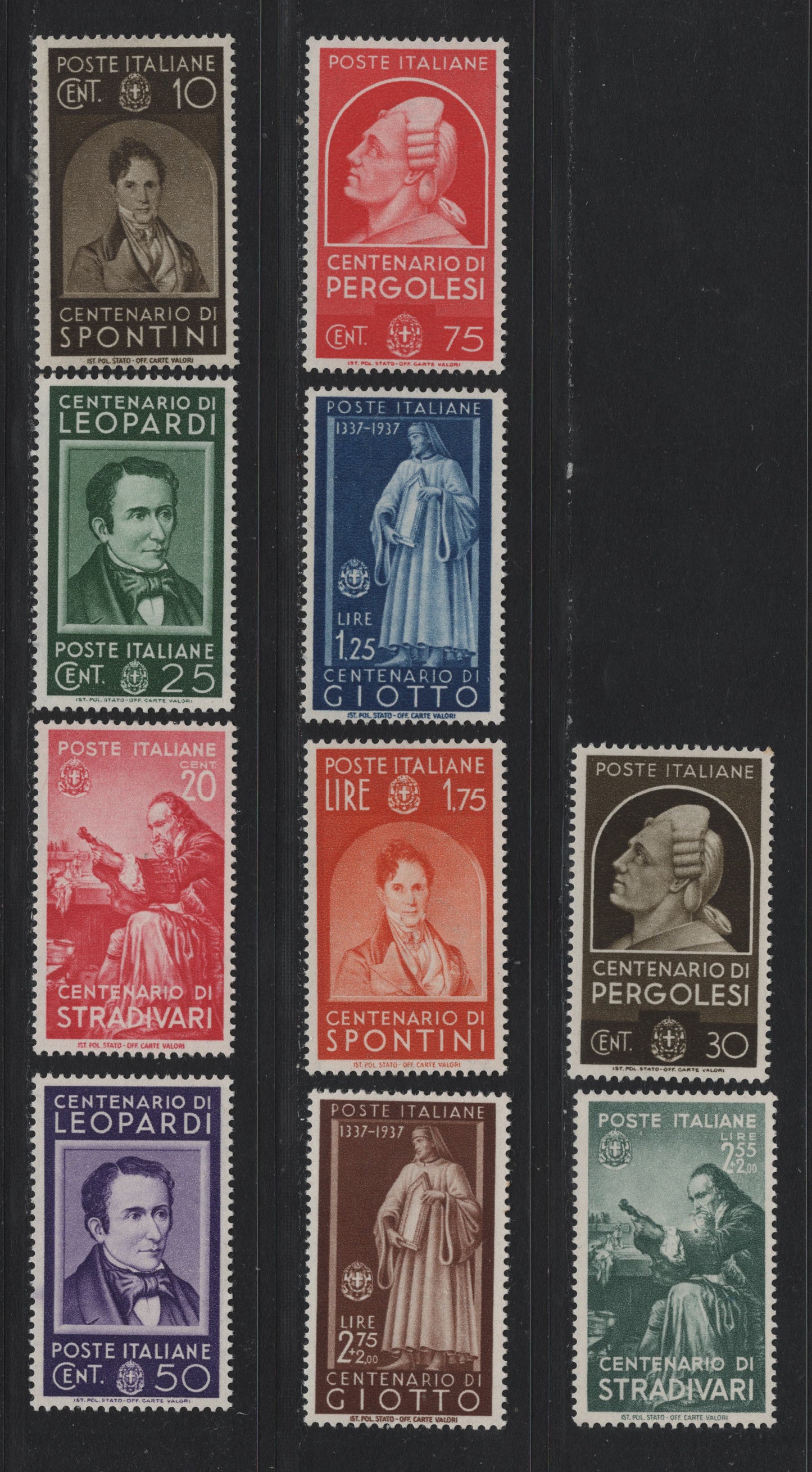 Lot 153 Italy SC#387-396 10c - 2.75l+2l Dark Brown - Red Brown, 1937 Centennials Of Spontini, Stradivarius, Leopank, Pergolesi & Giotto Issue, 10 VFOG Singles