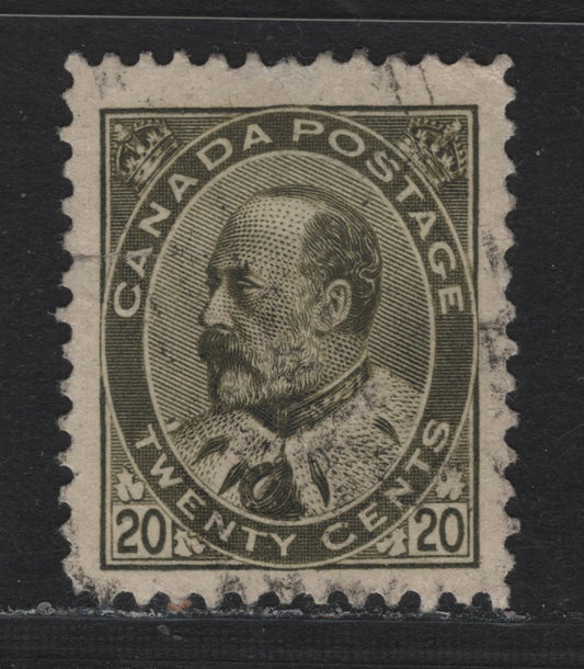 Lot 16 Canada #94i 20c Deep Olive, 1903-1908 King Edward VII Issue, A Good Used Single, ABN-A Paper, Perf 12, Small Tear From Left Margin Through 'A' of Canada & Shallow Thin.