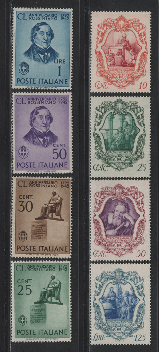 Lot 164 Italy SC#419-425 10c - 1l Dark Orange & Lake - Blue, 1942 Galileo & Rossini Issues, 7 F/VFOG/NH Singles, The Galileo Issue Is NH