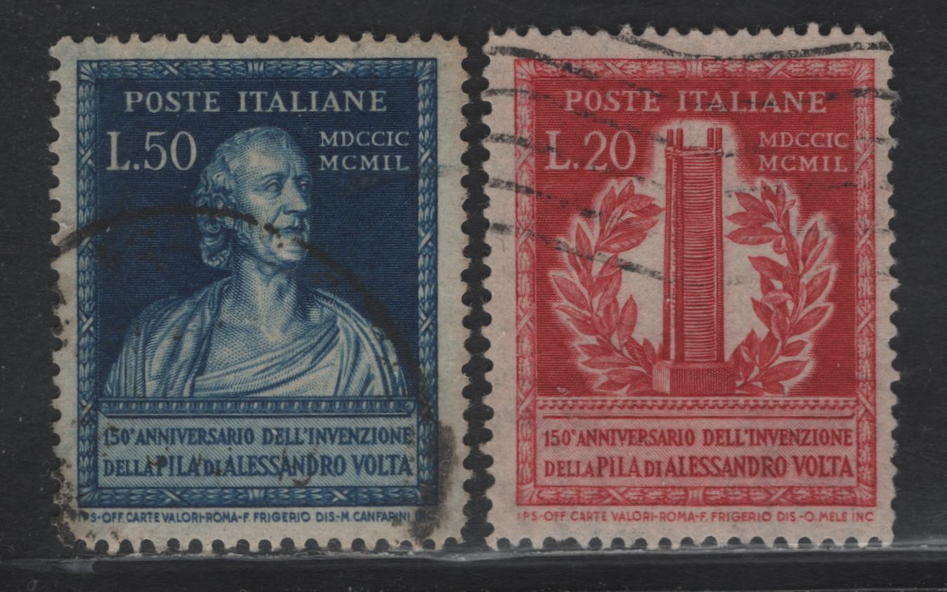 Lot 169 Italy SC#526-527 20l - 50l Rose Carmine - Deep Blue, 1949 150th Anniv of Invention of Votaic Pile Issue, 2 Very Good/Very Fine Used Singles, Perf 14