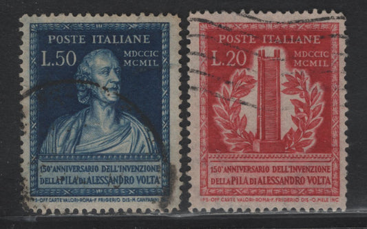 Lot 169 Italy SC#526-527 20l - 50l Rose Carmine - Deep Blue, 1949 150th Anniv of Invention of Votaic Pile Issue, 2 Very Good/Very Fine Used Singles, Perf 14