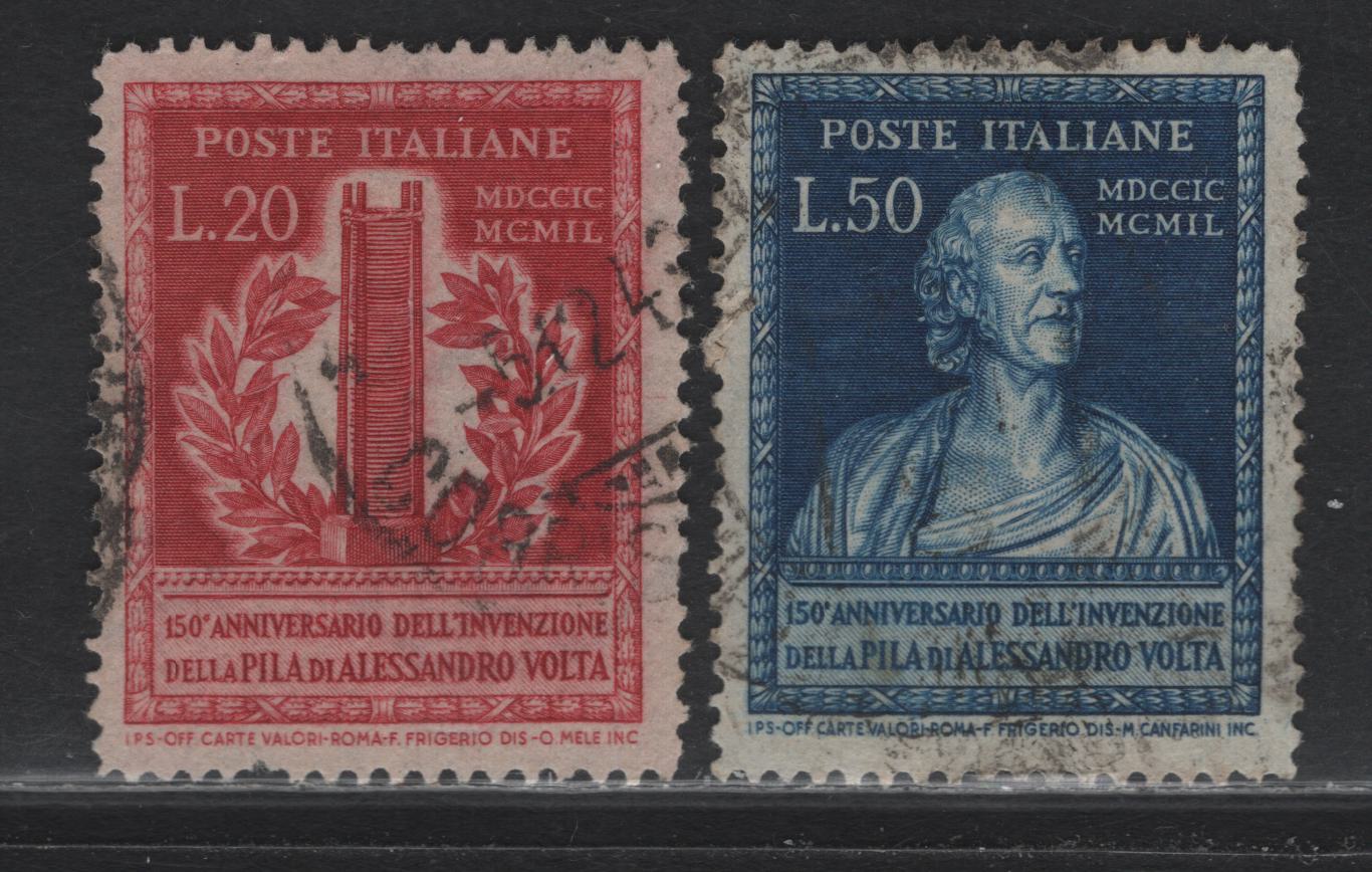 Lot 170 Italy (C) SC#526-527 20l - 50l Rose Carmine - Deep Blue, 1949 150th Anniv of Invention of Votaic Pile Issue, 2 Very Good/Fine Used Singles, As Lot 169, But Pulled Perf on 20l
