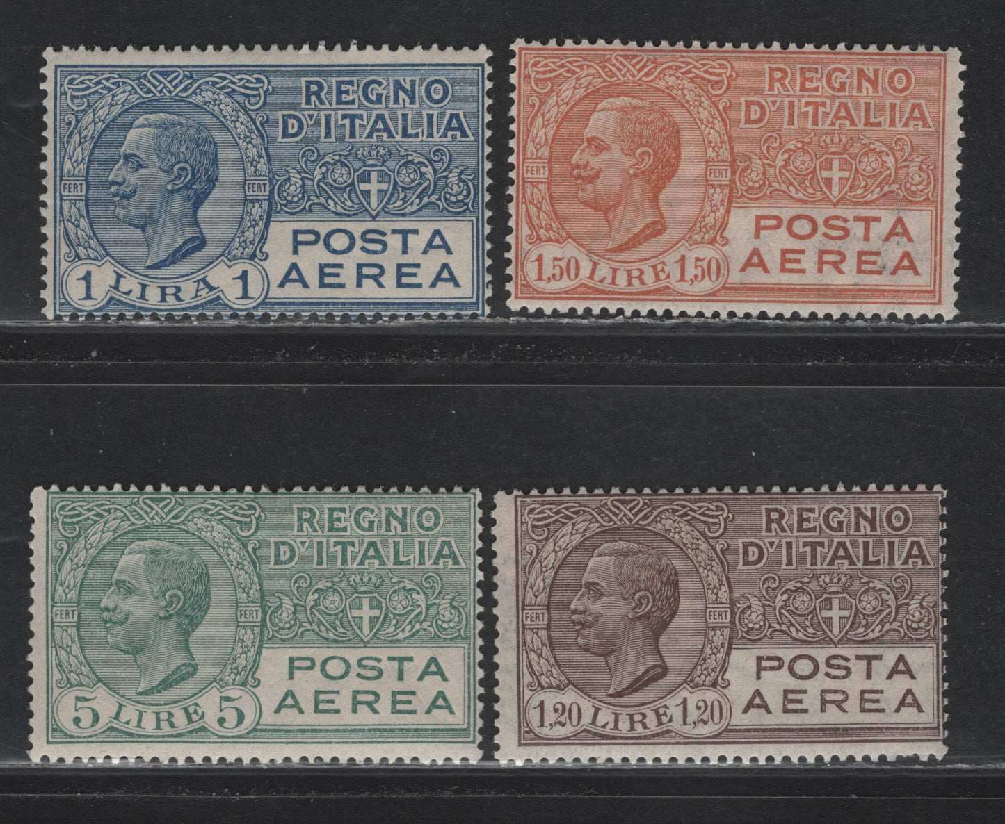 Lot 176 Italy SC#C6-C7, C9 1l - 5l Blue - Gray Green, 1926-1928 Victor Emmanuel III Airmail Issue, 3 FOG Singles