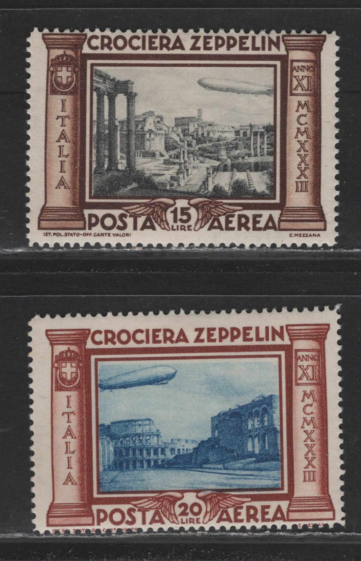Lot 185 Italy SC#C46-C47 15l - 20l Dark Brown & Gray - Orange Brown & Blue, 1933 Graf Zeppelin Airmail Issue, 2 VFOG Singles