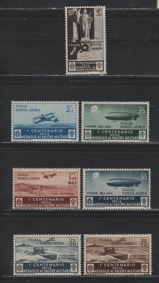Lot 186 Italy SC#C66-C72 25c - 3l+2l Dark Green - Brown Black, 1934 Centenary Of Military Mdeal of Valour Airmail Issue, 7 F/VFOG Singles