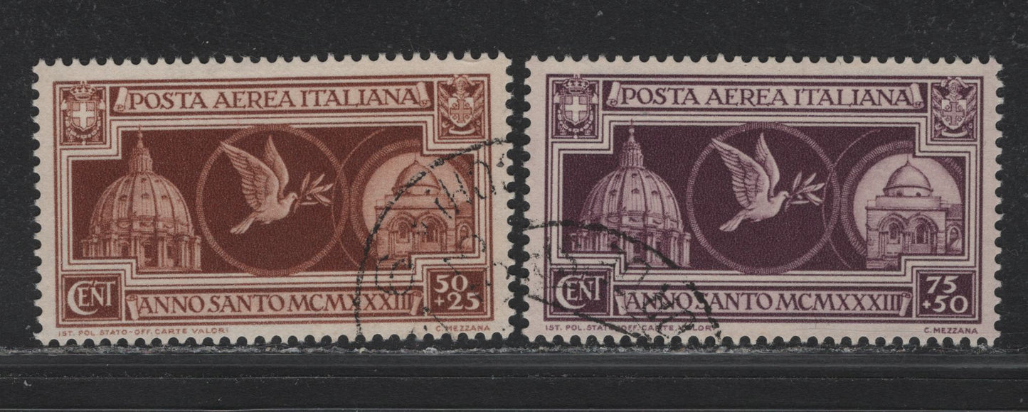 Lot 192 Italy SC#CB1-CB2 50c+25c - 75c+50c Orange Brown - Brown Violet, 1933 Holy Year Airmail Special Delivery Issue, 2 Very Fine Used Singles, Clear Favor Cancels