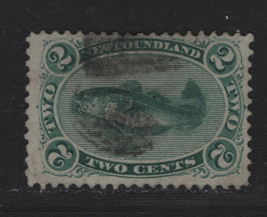 Lot 194 Newfoundland #24a 2c Green , 1865-1894 Cents Issue, A Very Good Used Single, Cents-V Paper, Perf 11.9, Shallow Hinge Thin At Top, Well Centered For This Issue, Cork Cancel.