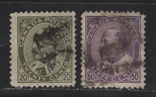 Lot 20 Canada #94-95 20c - 50c Olive Green - Purple, 1903-1908 King Edward VII Issue, 2 Good/Very Good Used Singles, ABN-B & ABN-A Papers, 20c Has A Small Corner Crease At UR 7 50c Has Two Large Thins That End In A Rounded Corner