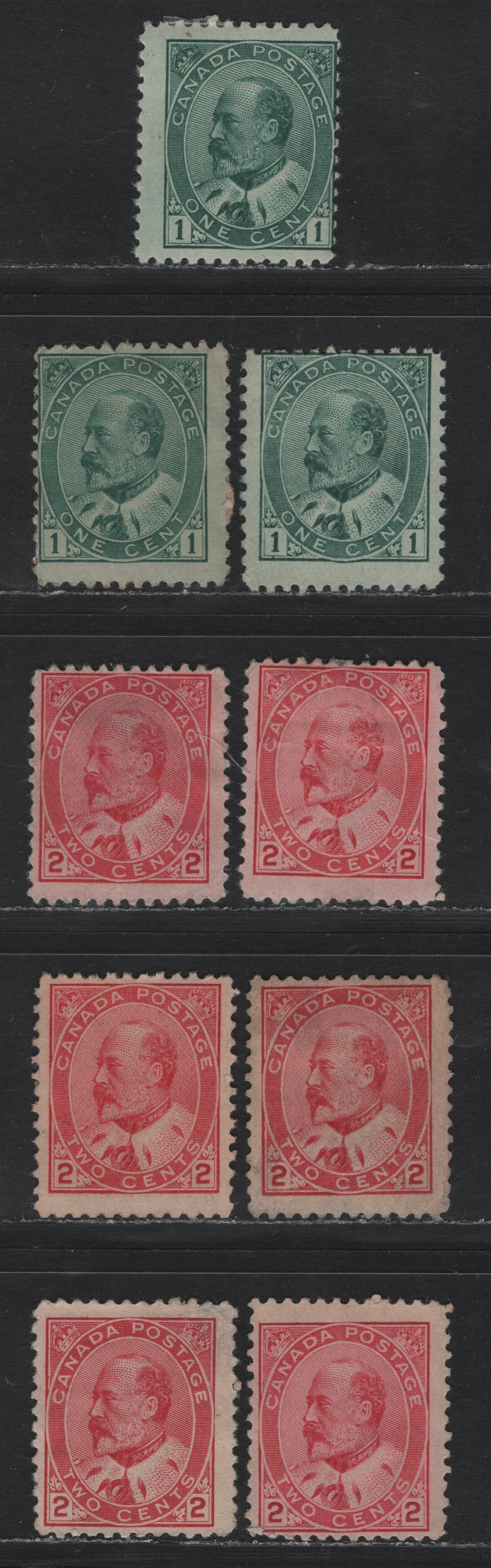 Lot 2 Canada #89iii, 90i 1c - 2c Blue Green - Rose Carmine, 1903-1908 King Edward VII Issue, 9 VG/FOG & Unused Singles, Various Papers, Unchecked As To Specific Type And Exact Perf