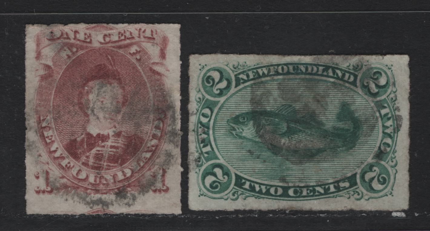 Lot 206 Newfoundland #37-38 1c - 2c Brown Lilac - Green, 1876-1879 3rd Cents Issue, 2 Good/Very Good Used Singles, Cent-FF & Cents-Y Papers, Both Have Shallow Thins.