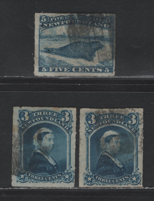Lot 207 Newfoundland #39-40 3c - 5c Blue, 1876-1879 3rd Cents Issue, 3 Very Good/Fine Used Singles, Cents-M, Cents-FF & Cents-Y Papers, 5c Has A Small Corner Crease.