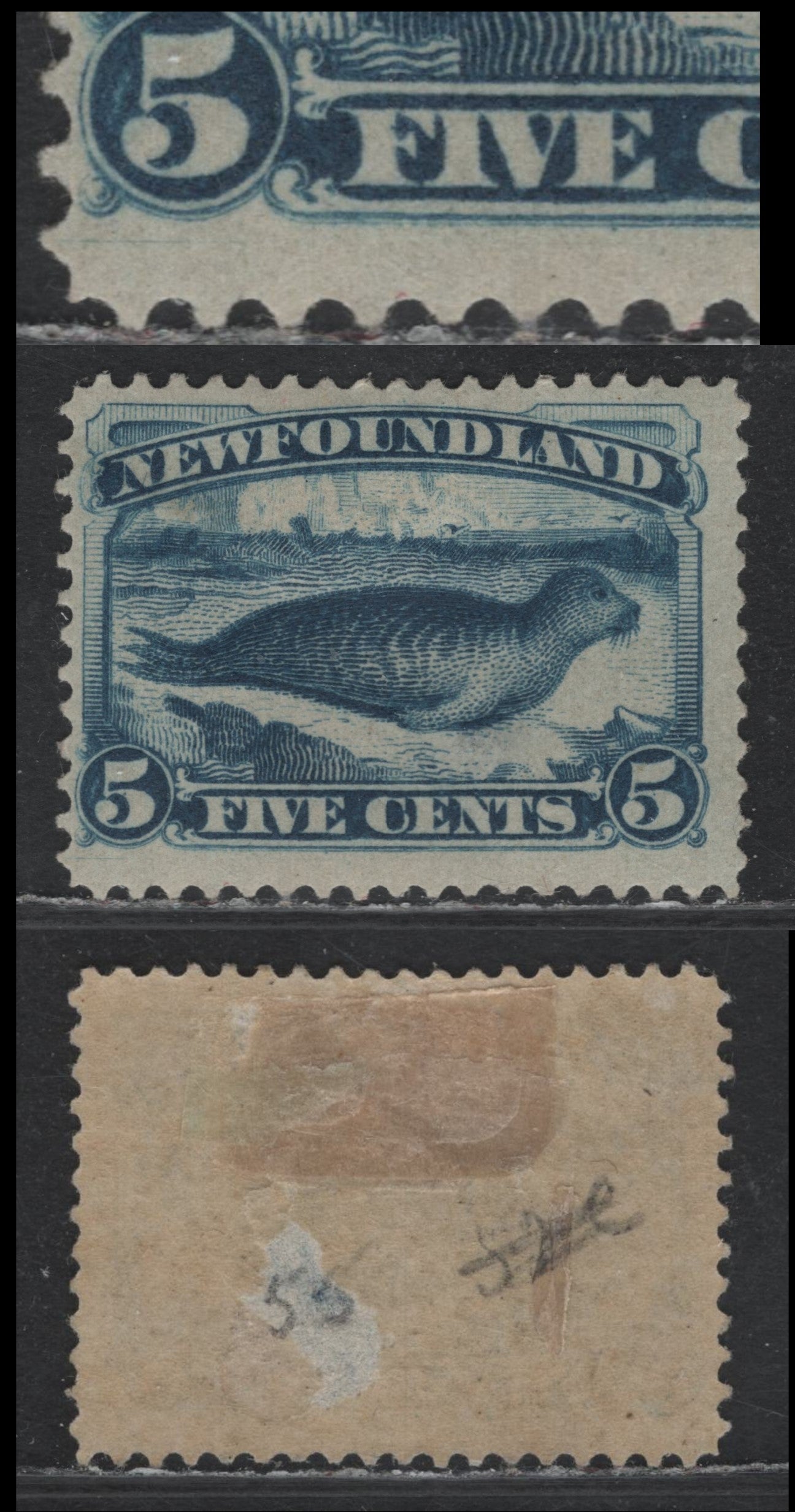 Lot 214 Newfoundland #55 5c Bright Blue, 1880-1896 4th Cents Issue, A GOG Single, 1894 Printing, Soft Vertical Wove Paper, Showing Guideline In The Margin At LL, Unchecked For Specific Paper & Perf, Deep Thin Not Visible From Front.