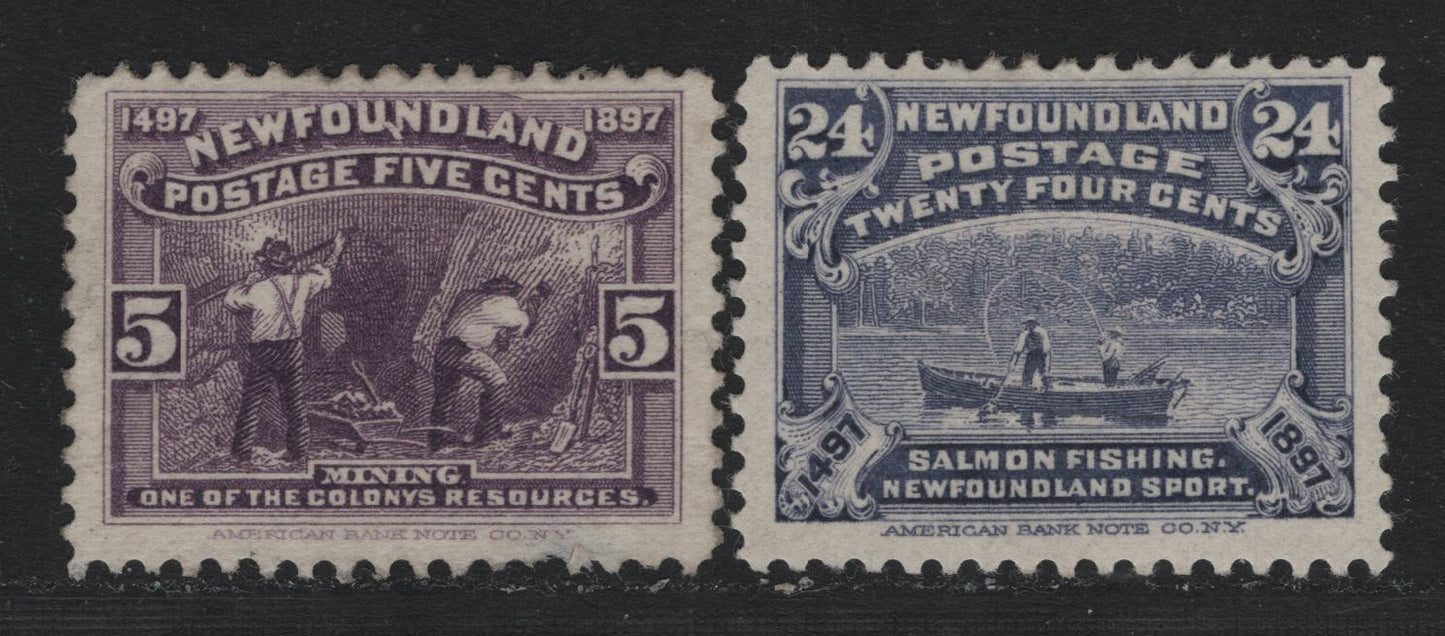 Lot 227 Newfoundland #65, 71 5c - 24c Violet - Gray Violet, 1897 John Cabot Issue, 2 VG/FOG Singles, ABNN-N & ABNN-E Papers, Unchecked As To Specific Perfs, 5c Has Traces Of Gum Remaining & Small Thin At Base That Ends In Short Perf.