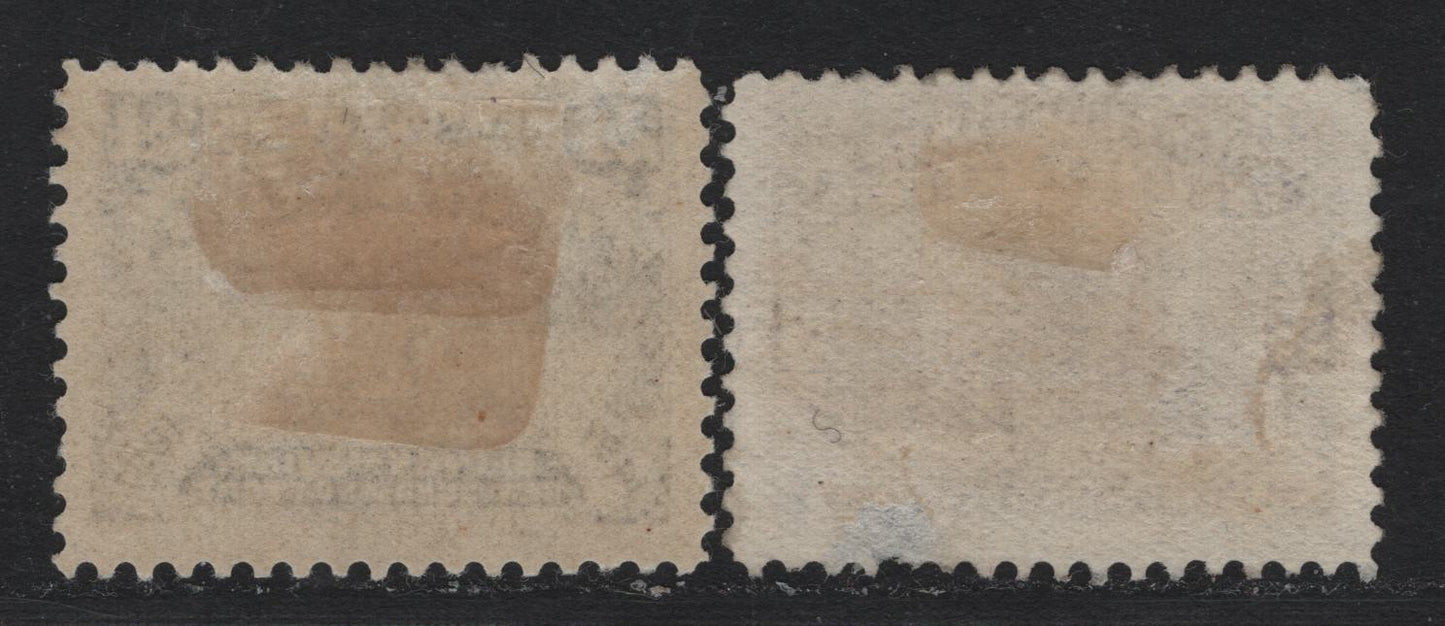 Lot 227 Newfoundland #65, 71 5c - 24c Violet - Gray Violet, 1897 John Cabot Issue, 2 VG/FOG Singles, ABNN-N & ABNN-E Papers, Unchecked As To Specific Perfs, 5c Has Traces Of Gum Remaining & Small Thin At Base That Ends In Short Perf.