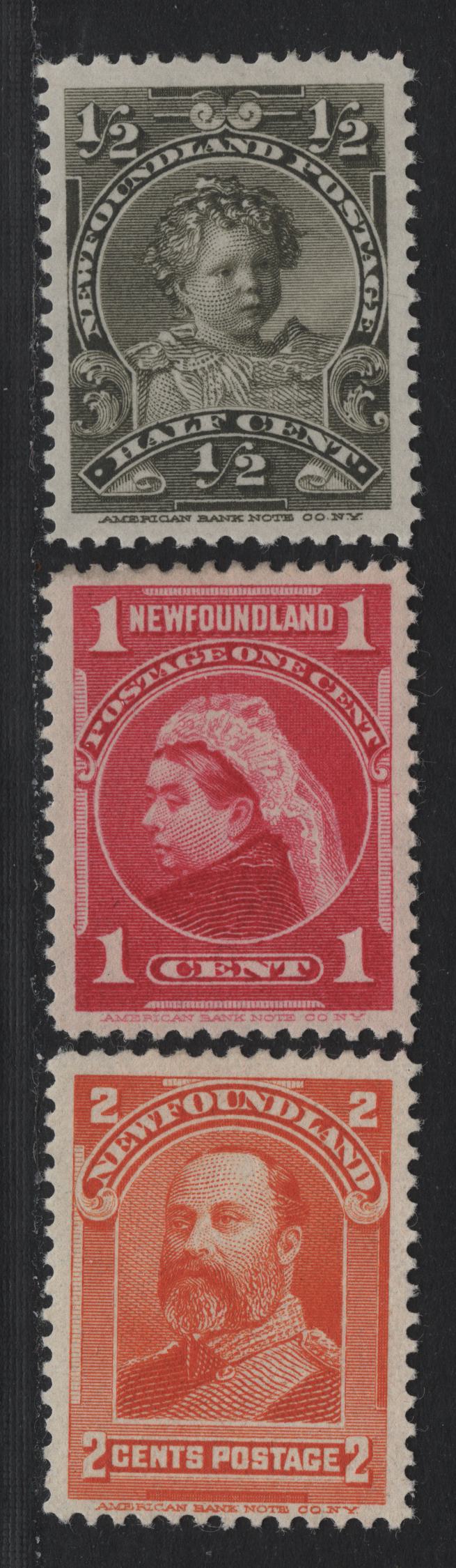 Lot 229 (C) Newfoundland #78-81 1/2c - 2c Olive Green - Orange, 1897-1901 Royal Family Issue, 3 VFOG Singles, ABNN-J, ABNN-E & ABNN-G Papers, Horizontal Wove Papers, Unchecked As To Specific Perfs.