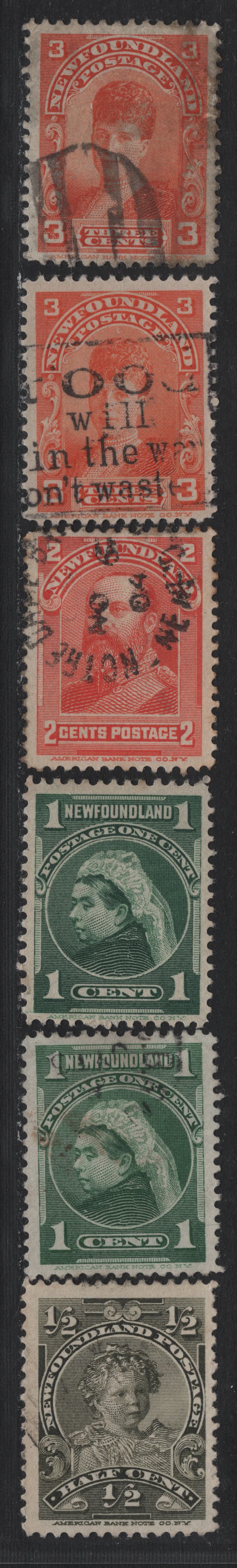 Lot 232 Newfoundland (C) #78, 80a, 82-83,3 1/2c - 3c Olive Green - Red Orange, 1897-1901 Royal Family Issue, 6 Very Fine Used Singles, Various Papers, Unchecked As To Specific Types Or Perfs