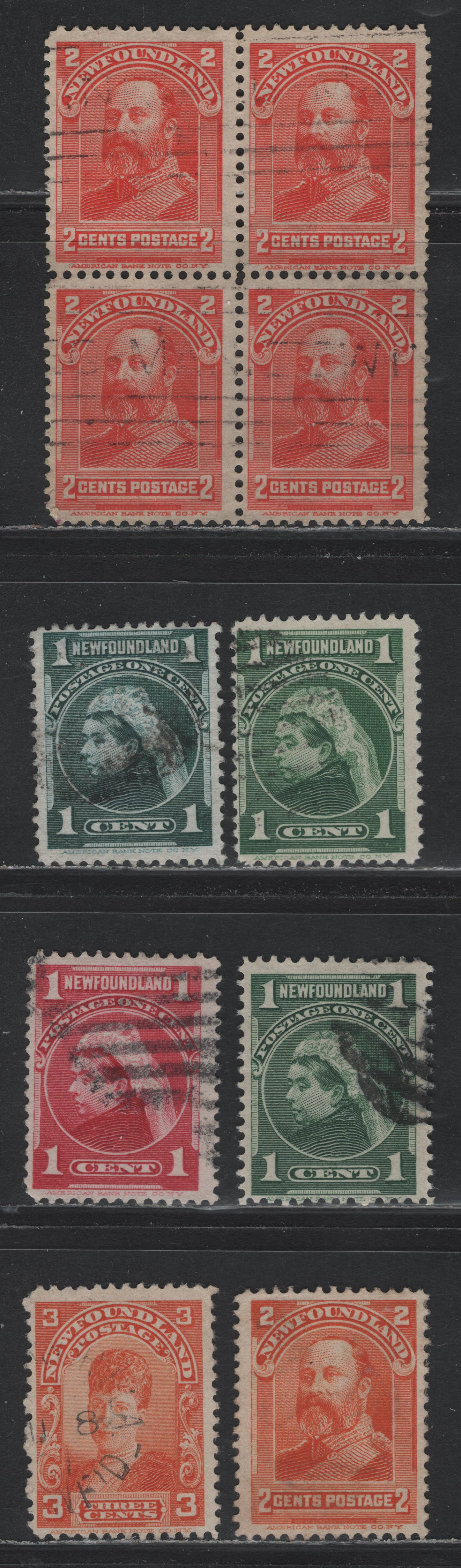 Lot 233 Newfoundland (C) #79, 80a, 81-83 1c - 3c Carmine Rose - Orange, 1897-1901 Royal Family Issue, 7 Fine Used Singles & Block Of 4, Various Papers, Unchecked As To Specific Types Or Perfs